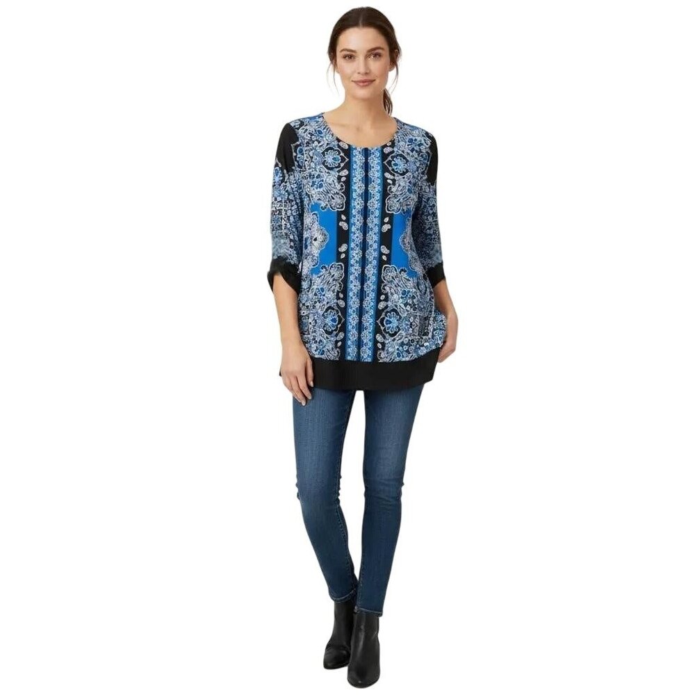 New Directions‎ Women's Blue Tapestry Print 3/4 Sleeve Tunic Blouse Size Medium